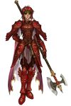  1girl angry armor axe closed_mouth female fire_emblem fire_emblem:_mystery_of_the_emblem fire_emblem_mystery_of_the_emblem fire_emblem_shadow_dragon full_armor full_body gloves halberd headband highres holding holding_weapon masamune_shirow minerva_(fire_emblem) official_art polearm red_eyes red_hair redhead sheathed shirou_masamune shirow_masamune short_hair simple_background solo standing sword weapon white_background 