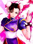  ao_(pixiv448374) brown_hair bun_cover capcom china_dress chinadress chinese_clothes chun-li double_bun eyeshadow hako_(mypixid) highres lipstick pantyhose red_eyes ribbon short_hair street_fighter street_fighter_ii 