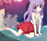  bare_shoulders bush bushes hanyuu higurashi_no_naku_koro_ni horns ixy japanese_clothes long_hair miko purple_eyes purple_hair river sleeveless smile tree violet_eyes water 