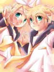  bad_id blonde_hair bow brother_and_sister hair_ornament hairclip hand_holding hashi_moto headset holding_hands kagamine_len kagamine_rin short_hair siblings twins vocaloid 