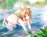  1girl all_fours anklet barefoot bikini bracelet brown_eyes brown_hair earmuffs jewelry kneeling makuwauri nature partially_submerged reflection short_hair side-tie_bikini solo striped striped_bikini striped_swimsuit swimsuit touhou toyosatomimi_no_miko tree water 