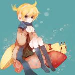  1boy blonde_hair chibi earmuffs kagamine_len male pechika pikachu pokemon pokemon_(creature) scarf shorts vocaloid 