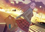  briefcase brown_hair car cars cloud clouds crossing crosswalk light lights long_hair morichika morifumi motor_vehicle sky smile suitcase sunset tree vehicle 