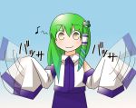  flapping frog green_hair japanese_clothes kochiya_sanae long_hair miko sleeves_past_wrists touhou 