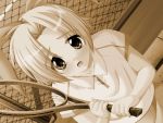  game_cg hairband minamiyama_remon mizushima_oonari monochrome racket school_heaven sepia short_hair tears tennis_racket 