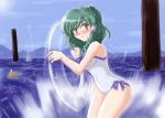  frog green_hair hat kochiya_sanae long_hair one-piece one-piece_swimsuit swimsuit touhou water 