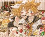  blue_eyes blush cake checkerboard_cookie cherry cookie eating food fruit hair_ribbon kagamine_len kagamine_rin licking macaron pastry ribbon ruuko_(artist) short_hair siblings strawberry tongue twins vocaloid 