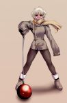  ball ball_and_chain blonde_hair boots coat ez6 hands_in_sleeves jacket legs original oversized_clothes pantyhose red_eyes scarf short_hair simple_background spread_legs standing white_hair 