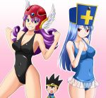  2girls blue_eyes blue_hair dragon_quest dragon_quest_iii grin hat helmet mitre ochanomizu_doggu one-piece one-piece_swimsuit priest_(dq3) purple_hair red_eyes roto smile soldier_(dq3) swimsuit 