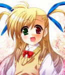  blush clear_moon hair_ribbon heterochromia long_hair mahou_shoujo_lyrical_nanoha mahou_shoujo_lyrical_nanoha_strikers ribbon school_uniform vivio 