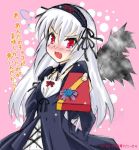  dress gift hairband holding holding_gift incoming_gift long_hair red_eyes rozen_maiden silver_hair suigintou translated translation_request tsundere wings 