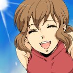  brown_hair christina_sierra closed_eyes gundam gundam_00 long_hair lowres memessa ponytail sky smile sun 