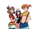  3girls breasts haruka_(pokemon) hat highres hikari_(pokemon) kakkii kasumi_(pokemon) midriff multiple_girls navel pokemon suspenders under_boob underboob 