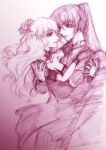  1girl carrying couple flower hair_flower hair_ornament hand_on_shoulder macross macross_frontier monochrome ponytail princess_carry purple saotome_alto sheryl_nome shou_fuji sketch 