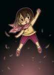  arm_up bad_id bangs blush brown_eyes brown_hair child digimon digimon_adventure digivice feathers mouth_hold orange_eyes scarf shoes short_hair shorts sleeveless_shirt sneakers socks solo torn_clothes unipo whistle yagami_hikari 