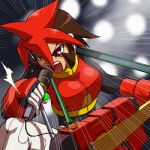  capcom electric_guitar emphasis_lines gauntlets guitar instrument lights lowres microphone microphone_stand multicolored_hair red_eyes rockman rockman_zx singing speed_lines two-tone_hair 