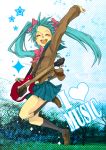  black_kneehighs black_legwear cardigan cloud clouds english guitar guitar_pick happy hatsune_miku instrument jumping kneehighs legs loafers long_hair momoiro_oji park plectrum ribbon school_uniform shoes skirt socks sparkle star sweater text tree twintails vocaloid 