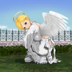  angel_wings blonde_hair blue_eyes breasts dondo halo highres huge_breasts short_hair wings 