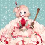  blonde_hair blue_eyes cake chibi dress food food_themed_clothes fork fruit original pastry pechika short_hair strawberry 