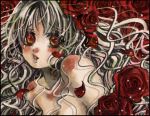  breasts cleavage flower long_hair original red_eyes rose ruuko_(artist) silver_hair 