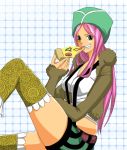  beanie chiroru_shimai food grin hat jacket jewelry_bonnie long_hair one_piece pink_hair pizza smile suspenders thigh-highs thighhighs 