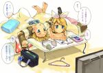  blonde_hair blue_eyes clock clothes_hanger detached_sleeves hair_ornament hairclip headset kagamine_len kagamine_rin lying short_hair siblings sopra translated translation_request twins vocaloid 