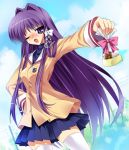  chocolate clannad fujibayashi_kyou gift holding holding_gift long_hair long_sleeves open_mouth paco purple_eyes purple_hair school_uniform thigh-highs thighhighs tsundere valentine very_long_hair violet_eyes wink 