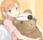  :d brown_eyes brown_hair cellphone eyepatch misaka_mikoto open_mouth phone smile stuffed_animal stuffed_toy teddy_bear to_aru_majutsu_no_index yana 