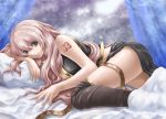  arm_support bed bed_sheet belt black_legwear blue_eyes breasts cleavage curtains fujipo long_hair lying megurine_luka on_stomach pillow pink_hair shirt sleeveless_shirt smile solo tattoo thighhighs thighs very_long_hair vocaloid 