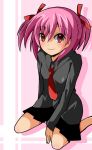  1girl kneeling mahou_sensei_negima! necktie pink_hair red_eyes sasaki_makie shin-mottie short_hair solo twintails 