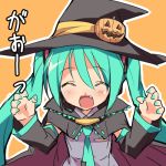  animated_gif aqua_eyes aqua_hair blush check_translation detached_sleeves eeeeee embarrassed fang gao gif halloween happy hat hatsune_miku long_hair lowres necktie pumpkin translation_request twintails vocaloid witch_hat 