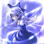  &gt;:) 1girl blue_eyes blue_hair bow cirno dress female hair_bow lain lowres no_nose outstretched_arms short_hair smirk solo spread_arms the_embodiment_of_scarlet_devil touhou wings 