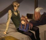 1boy 1girl animal_ears bad_id bed brown_eyes brown_hair chimachi craft_lawrence grey_eyes holo long_hair silver_hair spice_and_wolf tail vest wolf_ears 