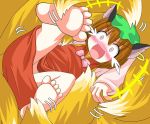  1girl animal_ears barefoot blush brown_hair cat_ears cat_tail chen des earrings fang feet female foot_tickling fox_tail jewelry multiple_tails open_mouth soles solo_focus tail tail_rape tears tickle_torture tickling toes touhou yakumo_ran 