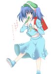  1girl backpack bag blue_dress blue_eyes blue_hair blush dress female flat_cap hair_bobbles hair_ornament hat kawashiro_nitori korican long_sleeves looking_at_viewer pocket simple_background solo text touhou two_side_up white_background 