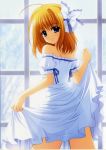  absurdres bare_shoulders blue_eyes blush bow dress dress_lift fuyou_kaede hair_bow hair_ribbon happy highres nishimata_aoi official_art orange_hair ribbon see-through short_hair shuffle! smile standing window 