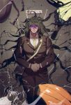  1boy blazer broken_glass bug bullet color_drain dangan_ronpa dark_skin dark_skinned_male glass glasses gokuhara_gonta green_hair hands_together highres insect_cage jacket long_hair looking_down male_focus monarch_butterfly necktie new_dangan_ronpa_v3 no_hikado pinned red_eyes round_glasses school_uniform solo yellow_necktie 