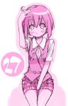  1girl blush_stickers hand_on_head mahou_sensei_negima! mikami_komata mikami_konu miyazaki_nodoka monochrome pink plaid plaid_skirt skirt solo 