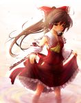  1girl black_eyes black_hair bow detached_sleeves female gradient gradient_background hakurei_reimu japanese_clothes long_hair miko scarlet_(studioscr) skirt skirt_lift solo touhou wading water white_background 