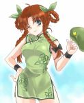  1girl bare_shoulders blue_eyes braid china_dress chinese_clothes coco_(artist) dress female hong_meiling leaning_forward one_eye_closed redhead solo the_embodiment_of_scarlet_devil touhou twin_braids wink 