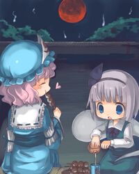  2girls blue_eyes chibi dango eating female food full_moon heart konpaku_youmu konpaku_youmu_(ghost) lowres moon multiple_girls open_mouth pouring red_moon saigyouji_yuyuko skewer touhou wagashi 