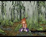  1girl cusui female forest horns ibuki_suika indian_style letterboxed long_hair nature orange_hair sitting solo touhou tree 