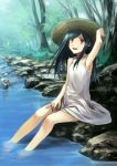  1girl armpits barefoot chemise dress feet feet_in_water flat_chest forest hat houru nature outdoors river sitting soaking_feet solo straw_hat water 