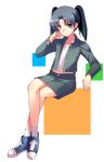  1girl amasawa_yuuko buttons dennou_coil green_jacket green_skirt jacket long_sleeves looking_at_viewer matsuzaki_yutaka open_clothes open_jacket pencil_skirt shoelaces shoes sitting skirt sneakers solo twintails unbuttoned 