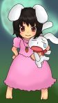  1girl animal animal_ears aoi_tobira barefoot black_hair carrot_necklace crossover full_body full_moon holding inaba_tewi looking_at_viewer mesousa moon pani_poni_dash! puffy_short_sleeves puffy_sleeves rabbit rabbit_ears red_eyes short_sleeves solo standing touhou 