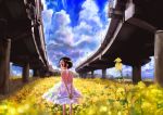  1girl arms_behind_back bare_arms bare_back black_eyes black_hair blush bridge clouds dress field flower from_behind halterneck looking_at_viewer looking_back outdoors sasahara_yuuki short_dress short_hair sky solo standing sundress white_dress 