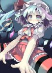  1girl ascot blush collar comic crystal demon_wings dress female flandre_scarlet frills hat long_hair mob_cap puffy_short_sleeves puffy_sleeves red_dress short_hair short_sleeves silent_comic silver_hair sitting solo spread_legs touhou wings xexu 