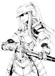  armor fantasy helm helmet long_hair mizuryuu_kei monochrome original ponytail sword weapon 
