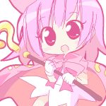  1girl :d benesse bow bowtie cape chibi cowboy_shot dress hatena_yousei holding mirai_(sugar) open_mouth pink_hair red_bow red_bowtie red_eyes short_hair smile solo staff wand white_dress 