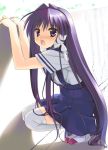  1girl arikawa_satoru clannad fujibayashi_kyou school_uniform serafuku solo squatting thigh-highs 